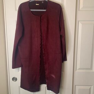Women's T Tahari Faux Suede Lace Trim Burgundy Duster | 1X